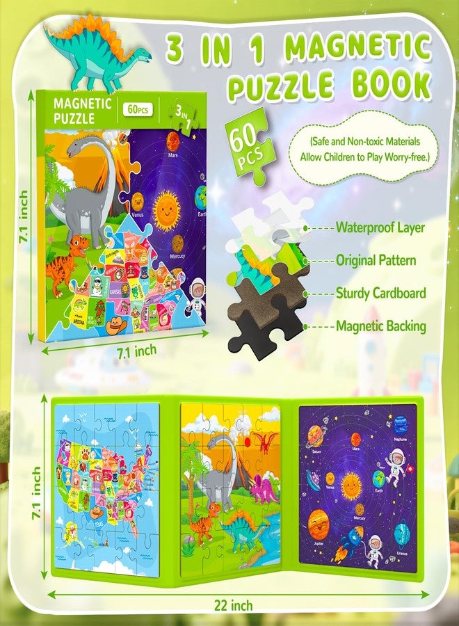 JUANCHI 3x20 Pieces Magnetic Puzzles for Toddlers 3-5, Map/Space/Dinosaur 3 in 1 Puzzles for Kids Ages 4-6, Car Airplane Road Trip Activities Toys for 3 4 5 6 Year Old Boys Birthday - Image 2